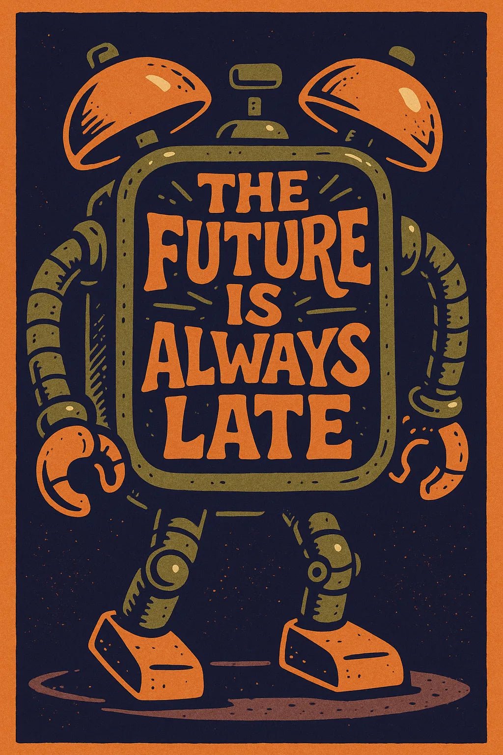 Example output from the Pop Graphic Poster Quote Art ChatGPT prompt: vibrant quote posters with textured graphic art, featuring retro palette duotones, bold typography, and expressive surreal motifs. The Future is Always Late.