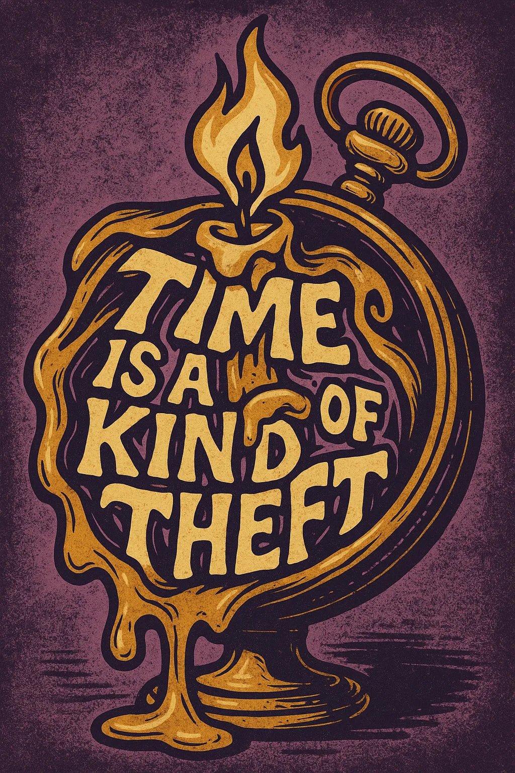 Example output from the Pop Graphic Poster Quote Art ChatGPT prompt: vibrant quote posters with textured graphic art, featuring retro palette duotones, bold typography, and expressive surreal motifs. Time is a Kind of Theft.