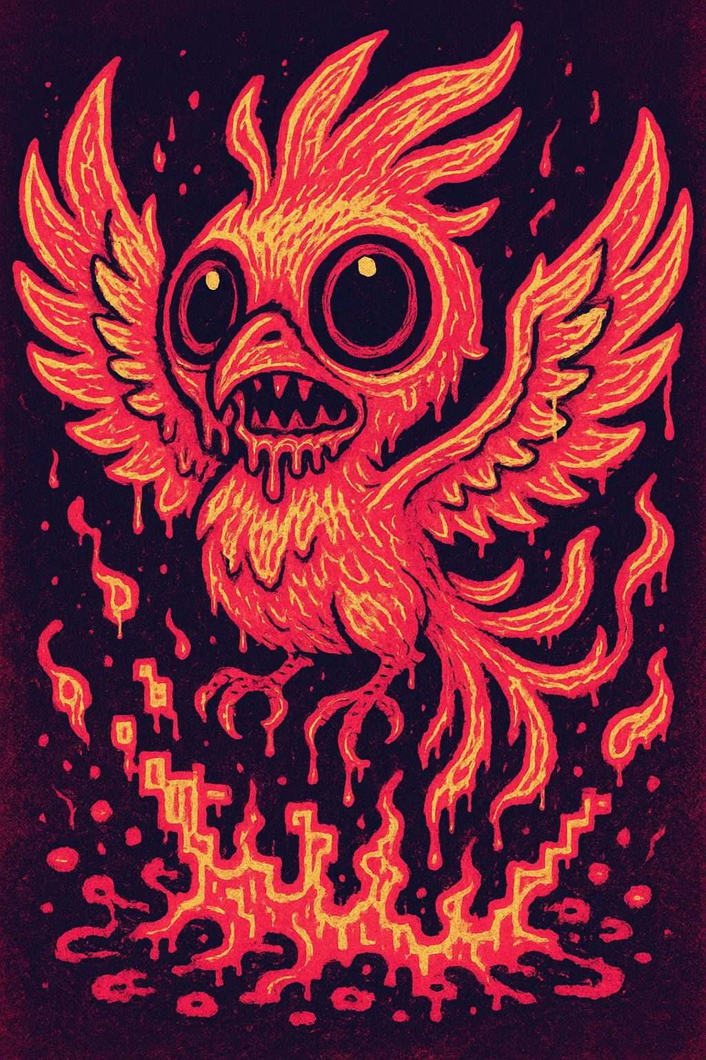 Example output of pop-surreal creepy-cute portrait generated by a ChatGPT prompt template, featuring high-contrast neon pastel illustration. Bird