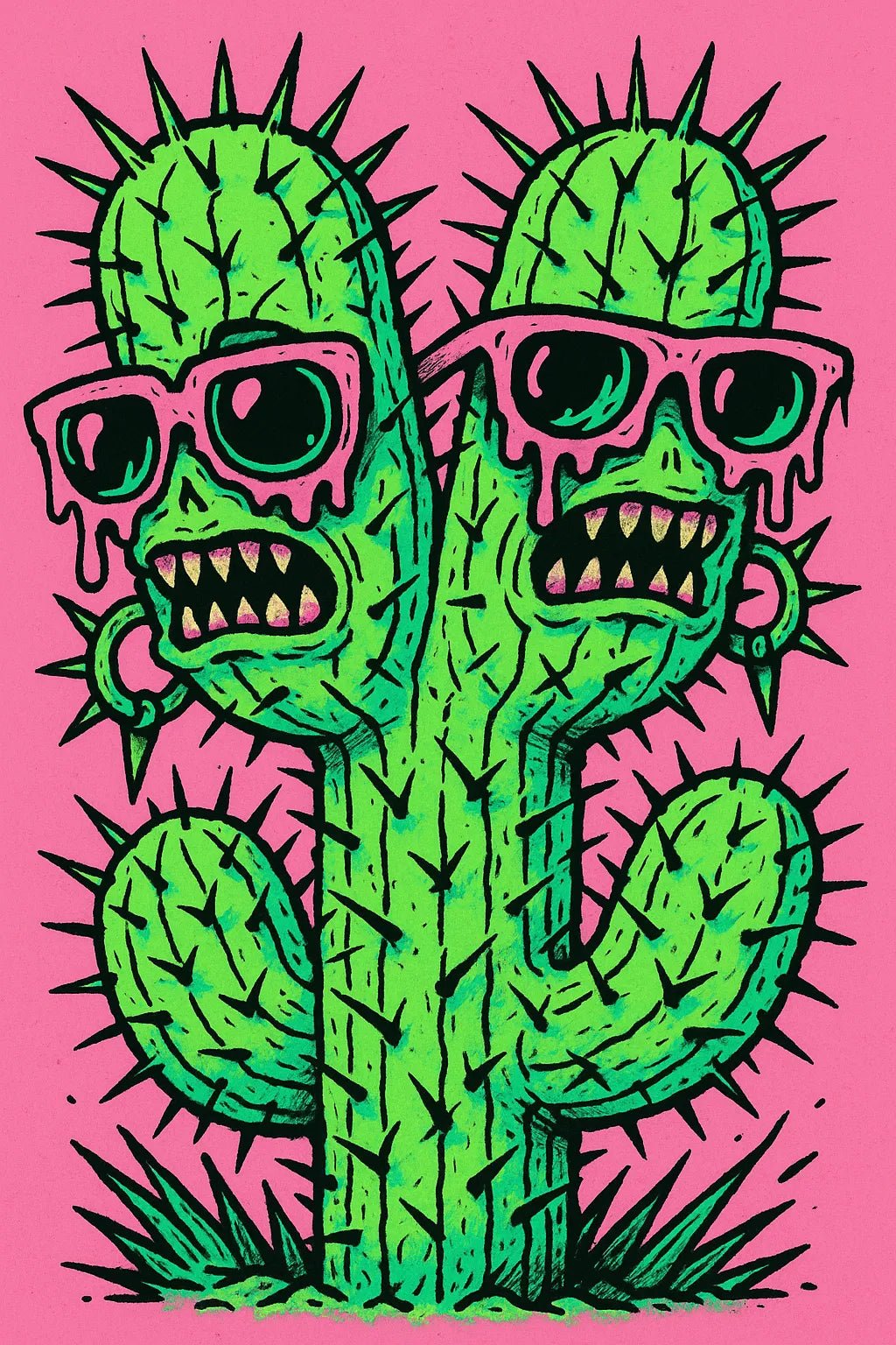 Example output of pop-surreal creepy-cute portrait generated by a ChatGPT prompt template, featuring high-contrast neon pastel illustration. Cactus.