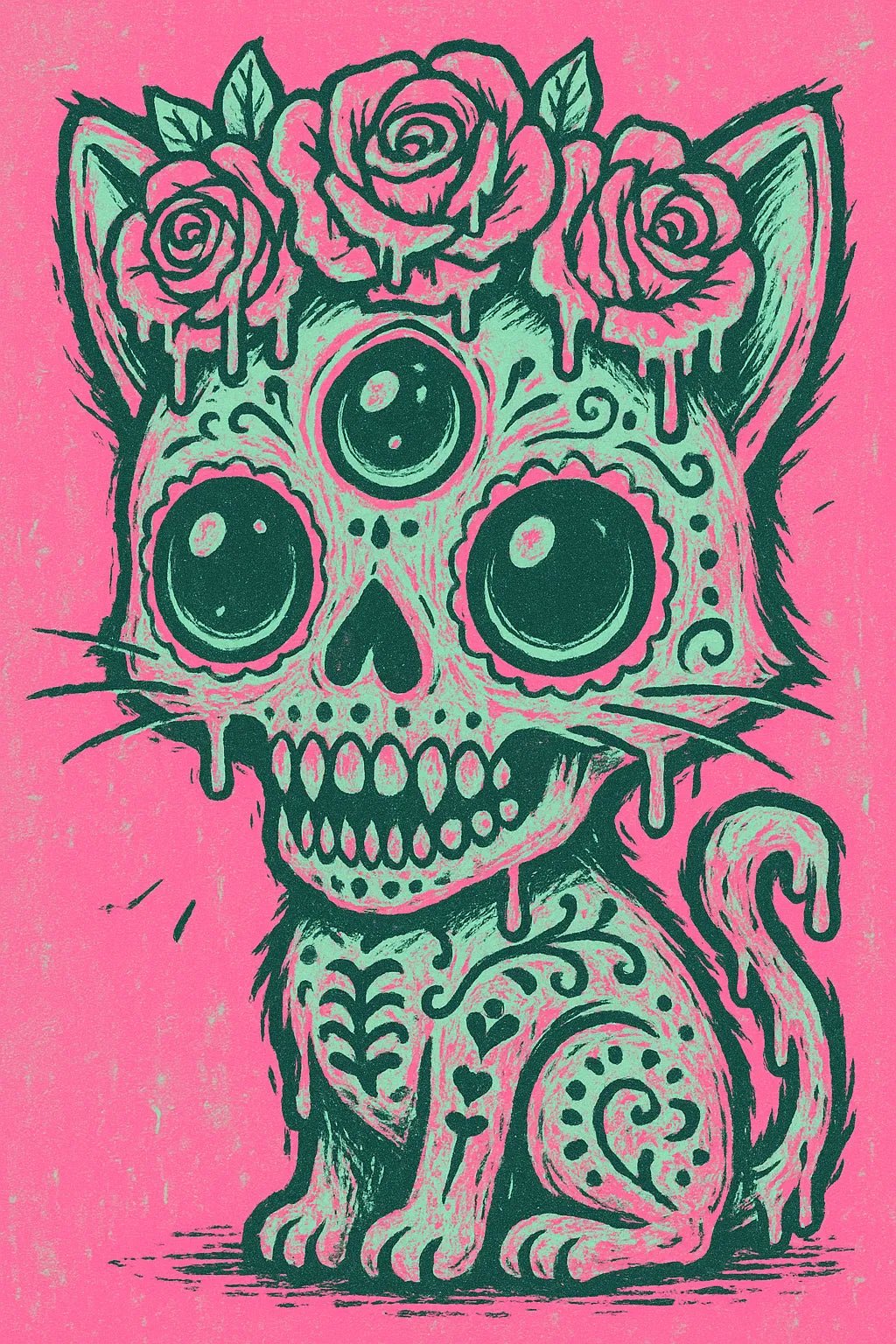 Example output of pop-surreal creepy-cute portrait generated by a ChatGPT prompt template, featuring high-contrast neon pastel illustration. Cat.