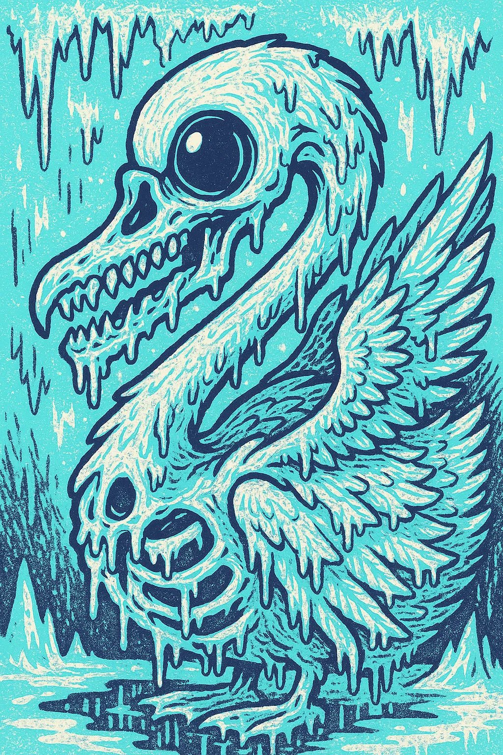 Example output of pop-surreal creepy-cute portrait generated by a ChatGPT prompt template, featuring high-contrast neon pastel illustration. Duck.