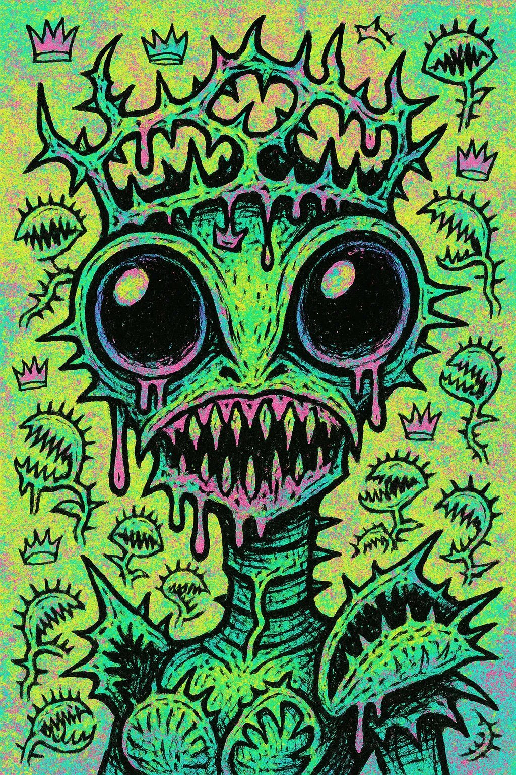 Example output of pop-surreal creepy-cute portrait generated by a ChatGPT prompt template, featuring high-contrast neon pastel illustration. Green.