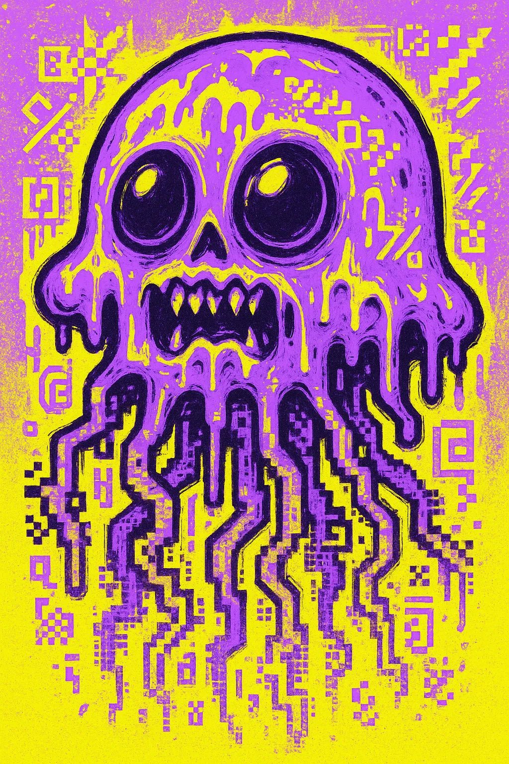 Example output of pop-surreal creepy-cute portrait generated by a ChatGPT prompt template, featuring high-contrast neon pastel illustration. Jellyfish.