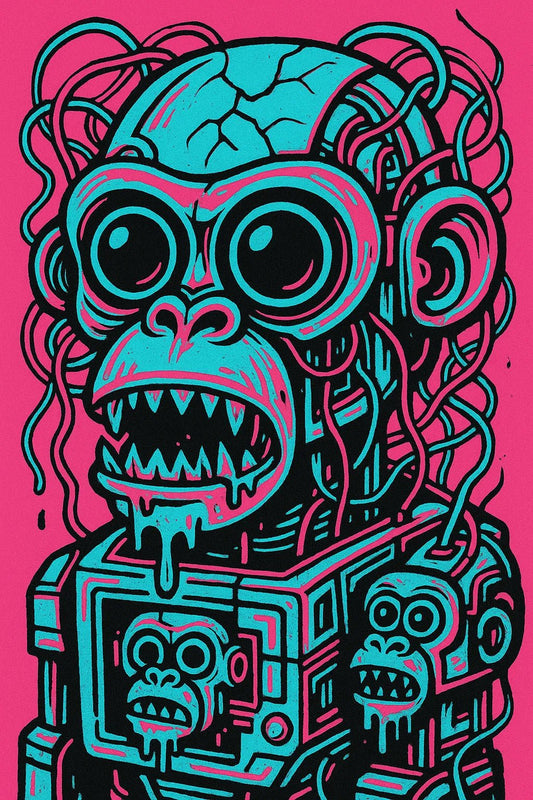 Example output of pop-surreal creepy-cute portrait generated by a ChatGPT prompt template, featuring high-contrast neon pastel illustration. Monkey.