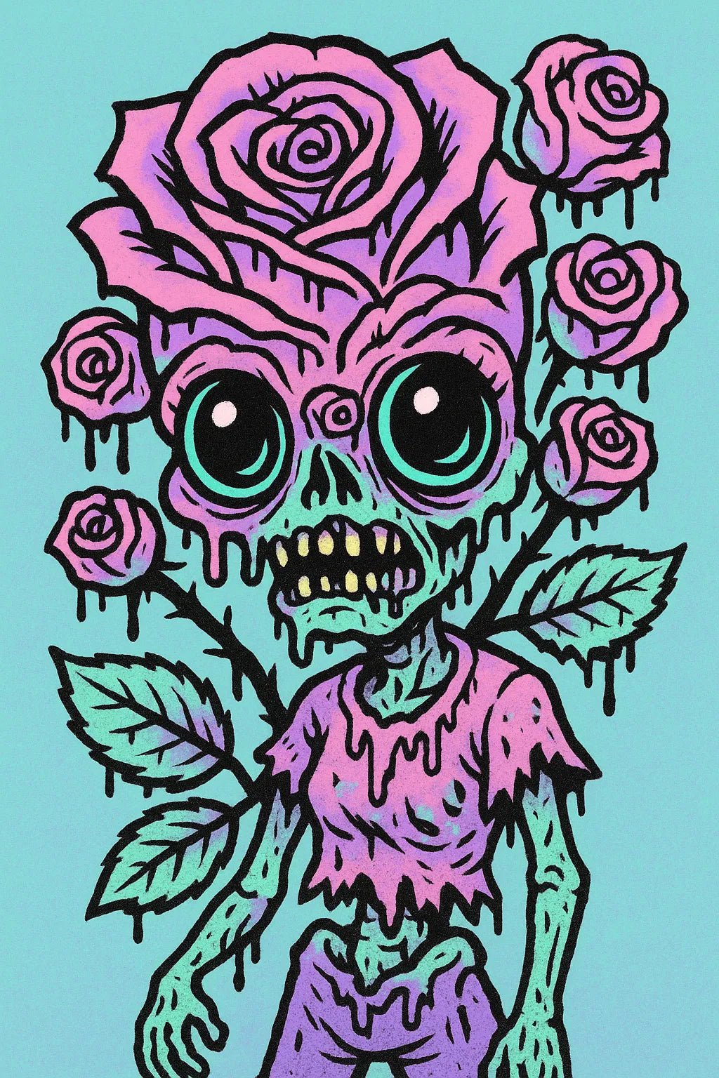 Example output of pop-surreal creepy-cute portrait generated by a ChatGPT prompt template, featuring high-contrast neon pastel illustration. Rose.