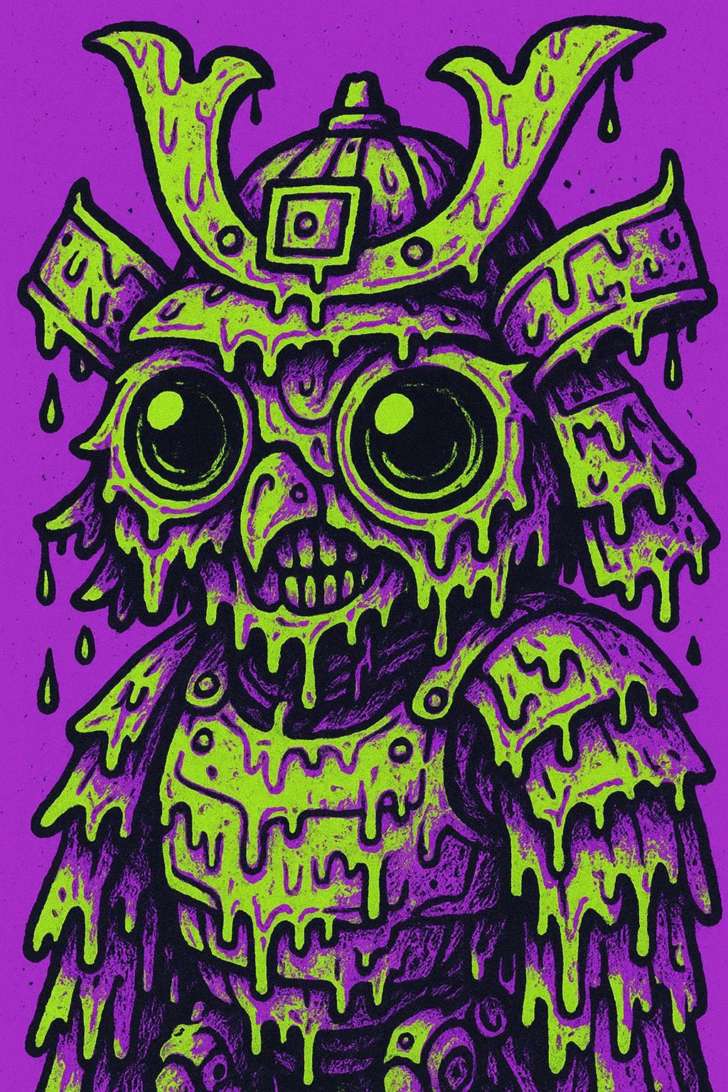 Example output of pop-surreal creepy-cute portrait generated by a ChatGPT prompt template, featuring high-contrast neon pastel illustration. Samurai.