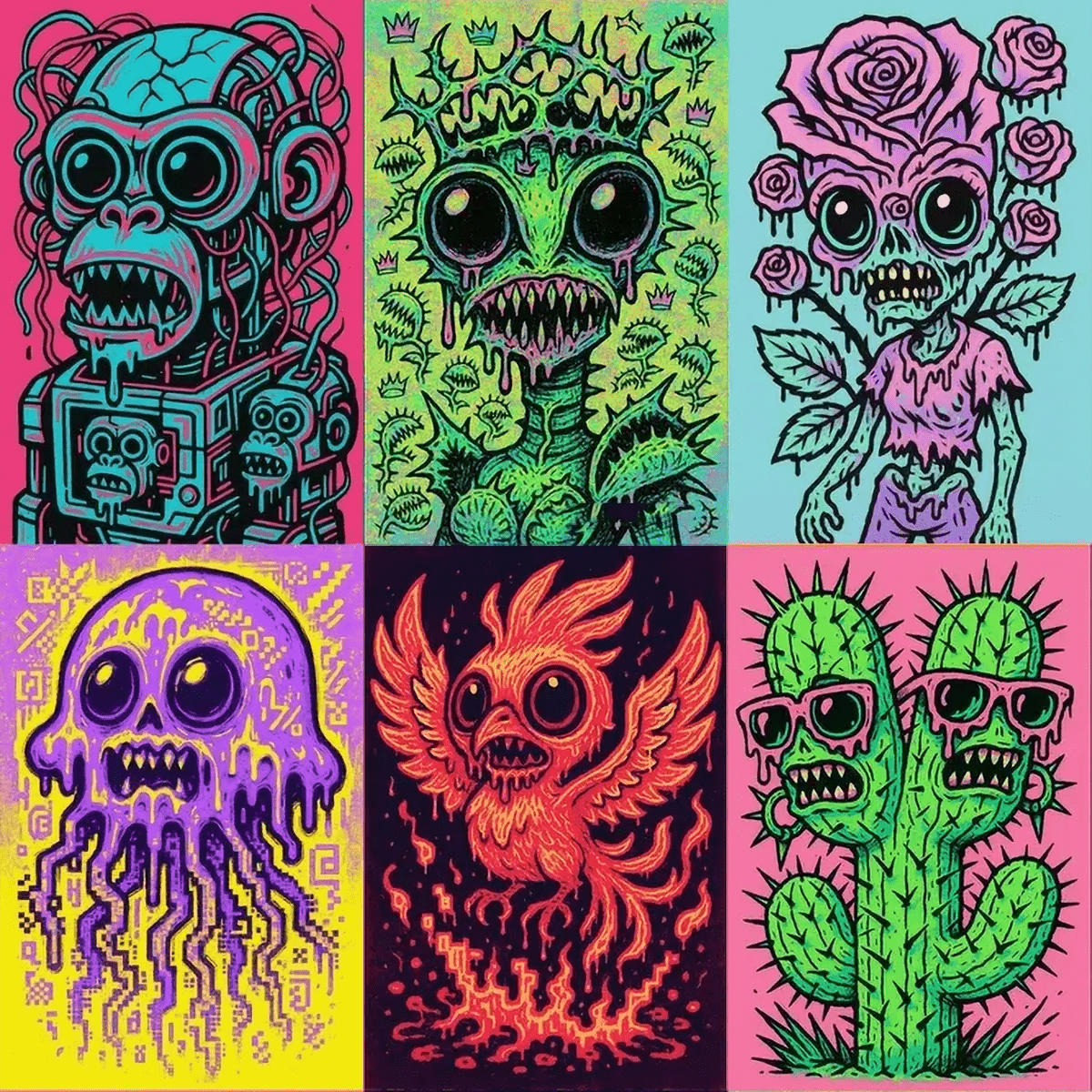 Example output of pop-surreal creepy-cute portraits generated by a ChatGPT prompt template, featuring high-contrast neon pastel illustrations with glossy oversized eyes, sketchy outlines, melting-drip details, and vaporwave street art vibes.