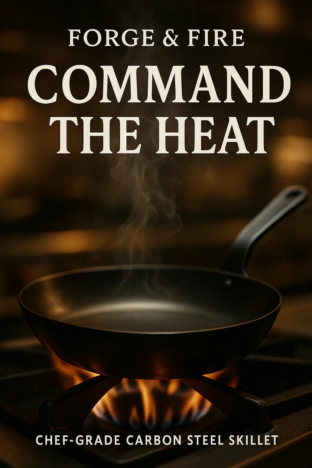Example output from the Portrait Ads For Brands ChatGPT prompt: professionally composed vertical product ads with bold headlines, cinematic lighting, and emotional storytelling across diverse brand categories. Forge & Fire.