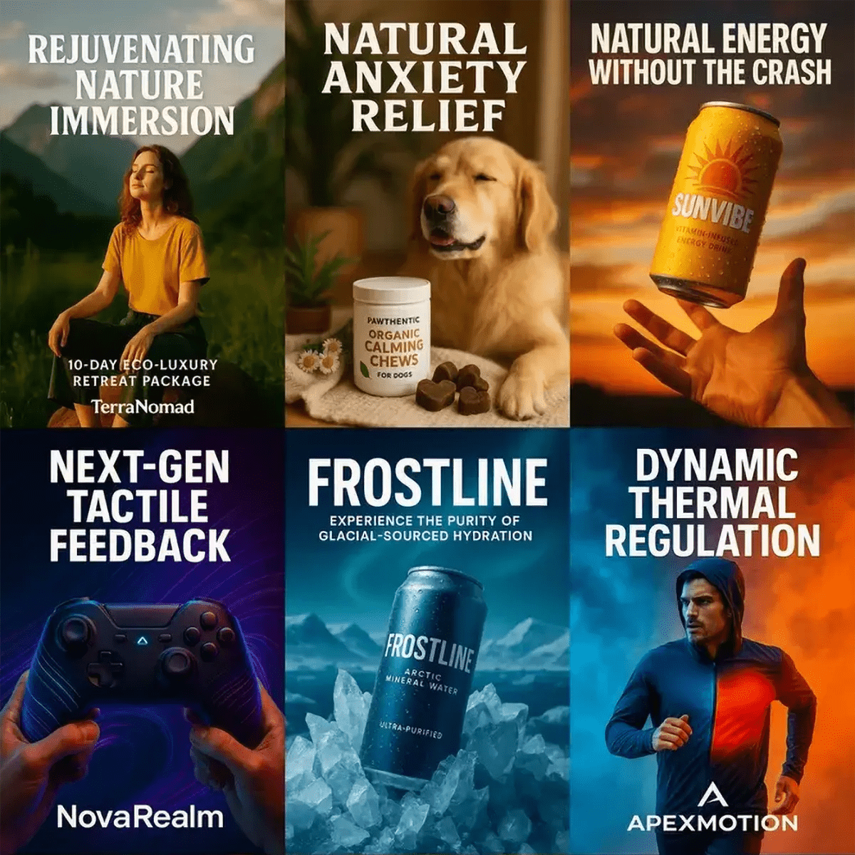 Example output from the Portrait Ads For Brands ChatGPT prompt: professionally composed vertical product ads with bold headlines, cinematic lighting, and emotional storytelling across diverse brand categories.