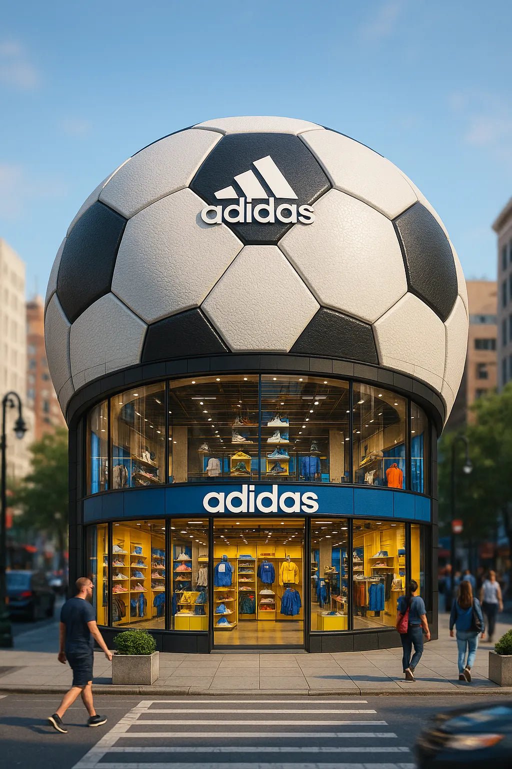 Example output of portrait flagship store designs generated by a ChatGPT prompt template, featuring hyper-realistic 3D product-shaped storefronts. Adidas.