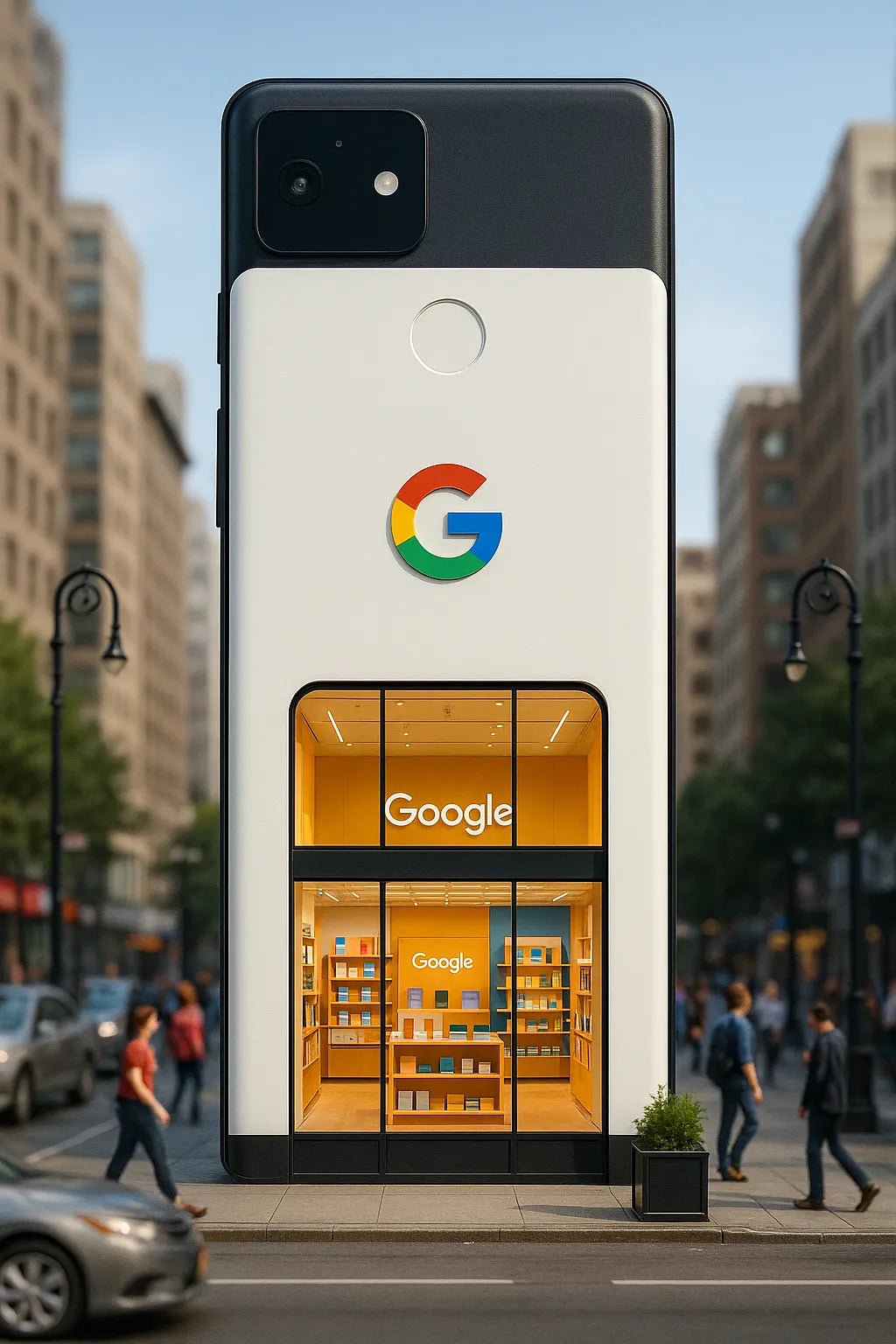 Example output of portrait flagship store designs generated by a ChatGPT prompt template, featuring hyper-realistic 3D product-shaped storefronts. Google.