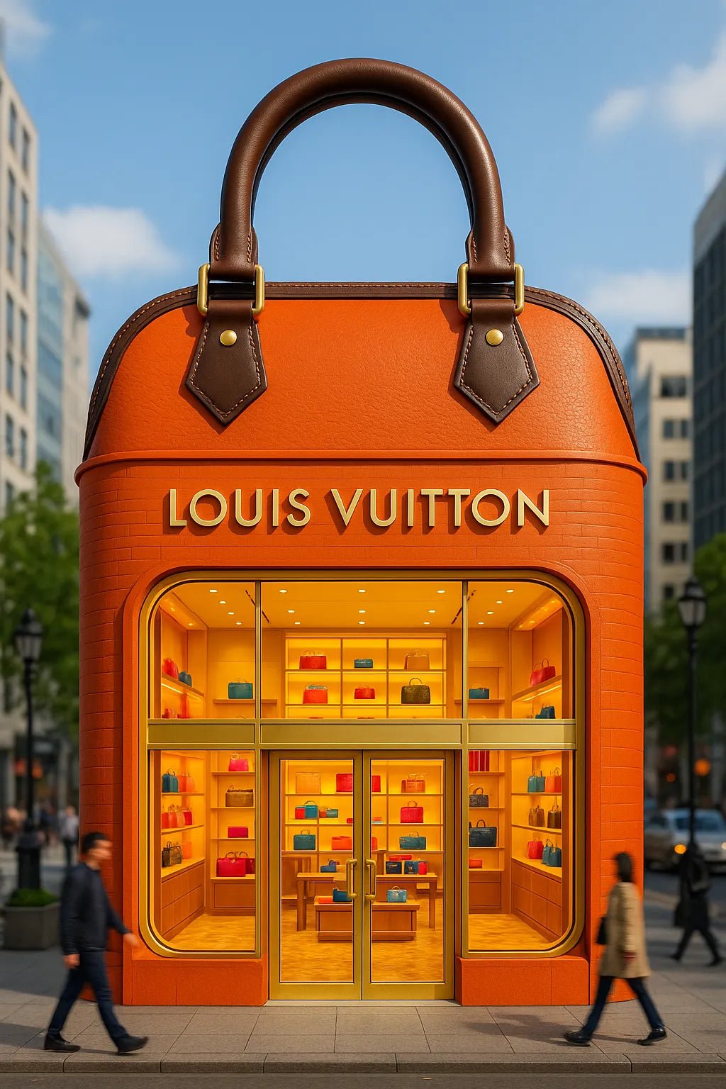 Example output of portrait flagship store designs generated by a ChatGPT prompt template, featuring hyper-realistic 3D product-shaped storefronts. Louis Vuitton.