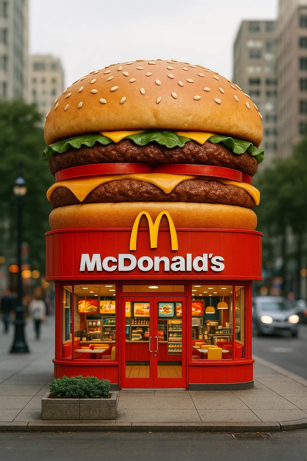 Example output of portrait flagship store designs generated by a ChatGPT prompt template, featuring hyper-realistic 3D product-shaped storefronts. Mc Donald's.