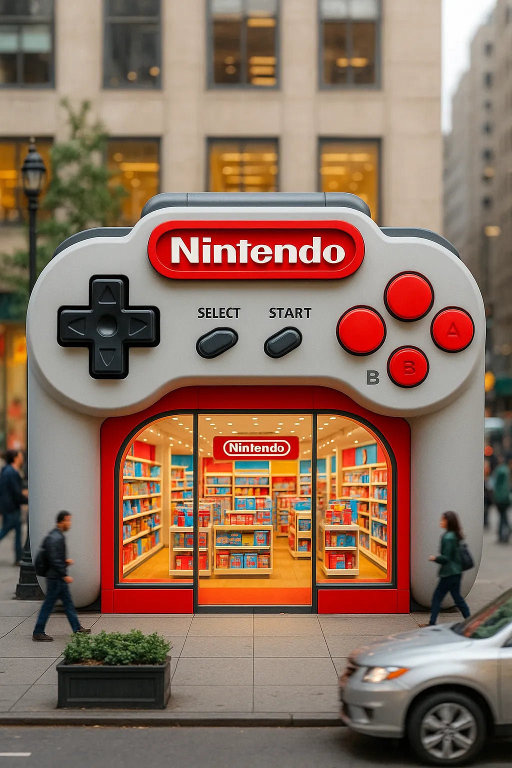 Example output of portrait flagship store designs generated by a ChatGPT prompt template, featuring hyper-realistic 3D product-shaped storefronts. Nintendo.