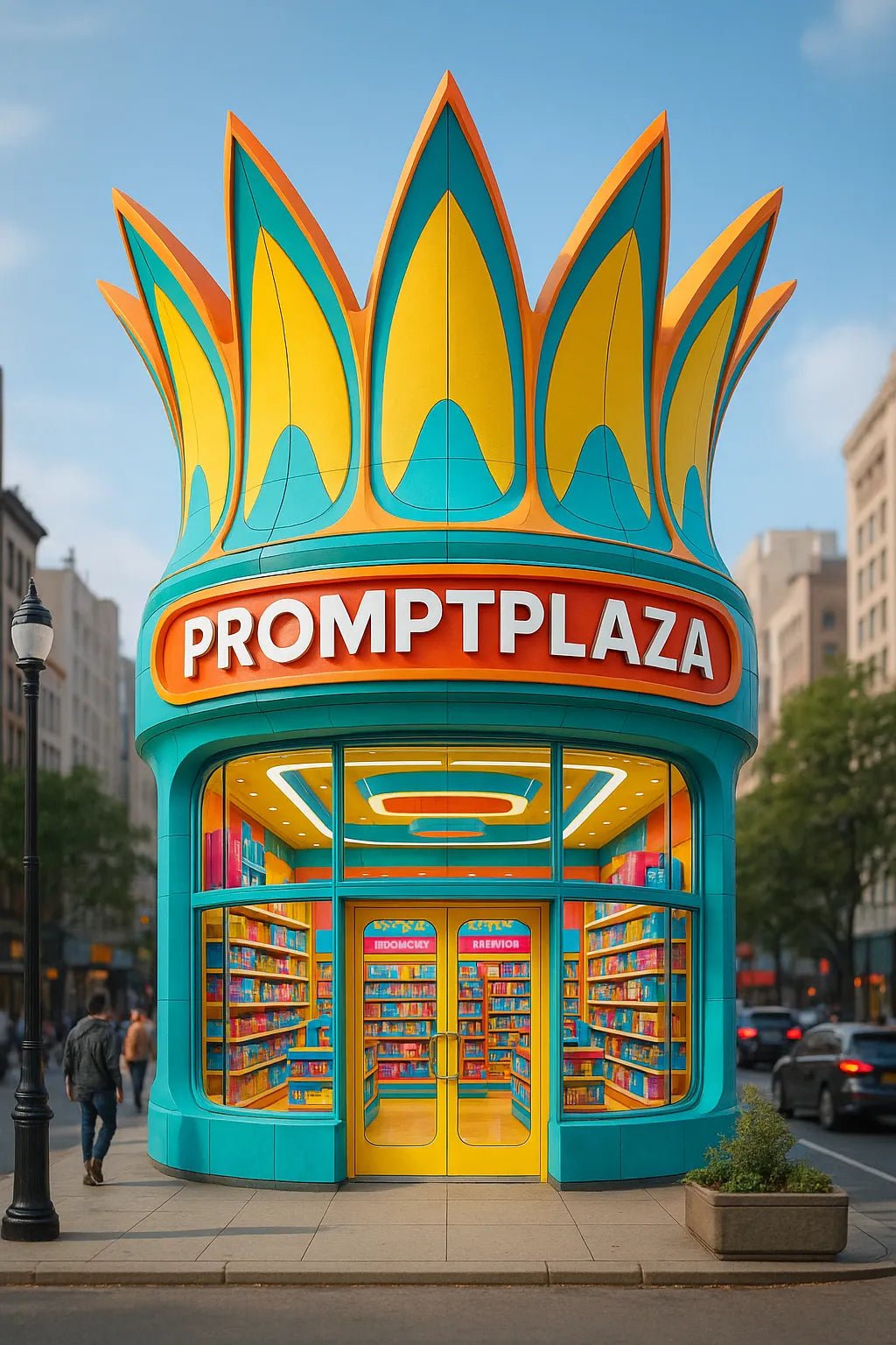 Example output of portrait flagship store designs generated by a ChatGPT prompt template, featuring hyper-realistic 3D product-shaped storefronts. PromptPlaza.