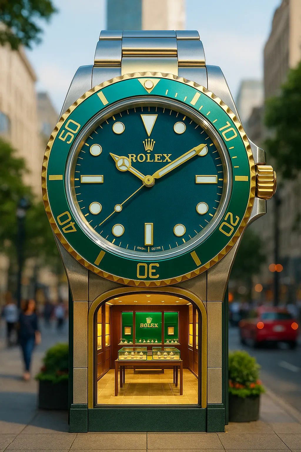 Example output of portrait flagship store designs generated by a ChatGPT prompt template, featuring hyper-realistic 3D product-shaped storefronts. Rolex.