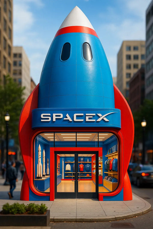 Example output of portrait flagship store designs generated by a ChatGPT prompt template, featuring hyper-realistic 3D product-shaped storefronts. SpaceX.