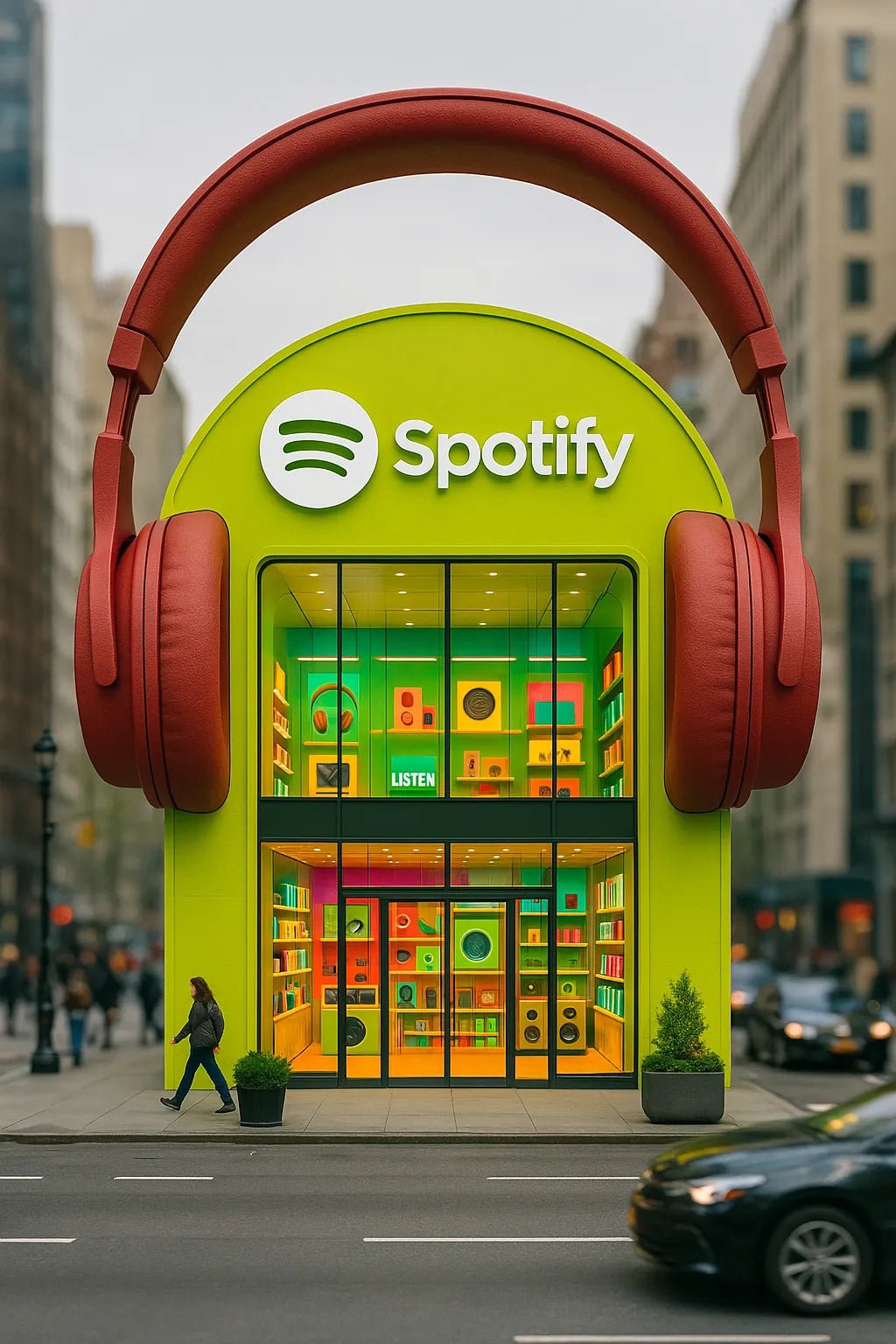 Example output of portrait flagship store designs generated by a ChatGPT prompt template, featuring hyper-realistic 3D product-shaped storefronts. Spotify.