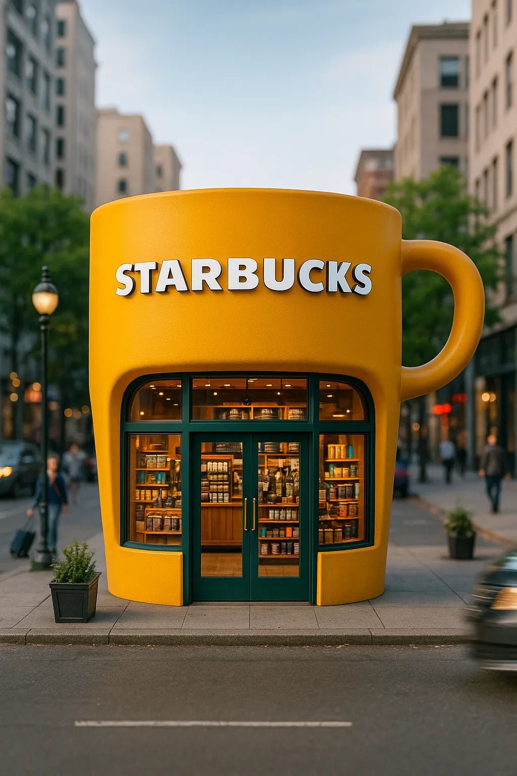 Example output of portrait flagship store designs generated by a ChatGPT prompt template, featuring hyper-realistic 3D product-shaped storefronts. Starbucks.