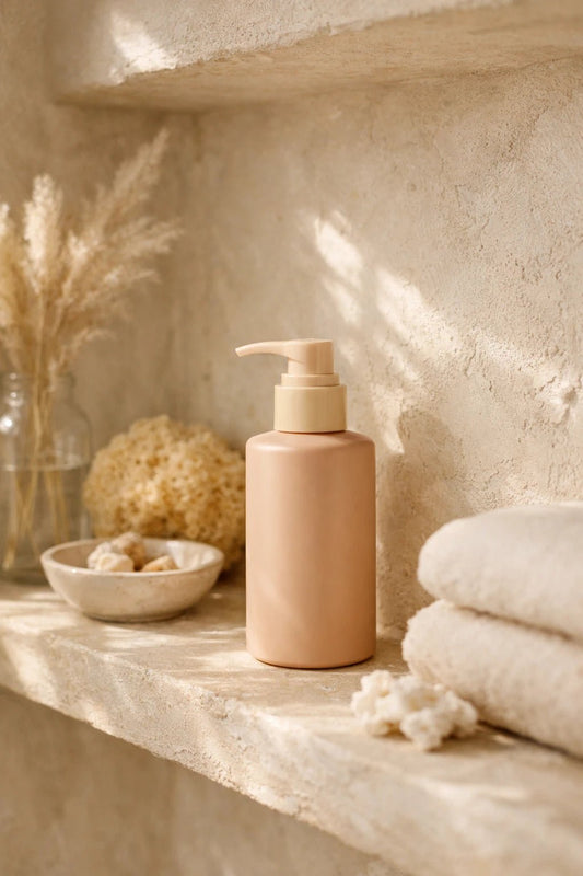 Luxury skincare and perfume product mockup styled with warm natural light and spa-inspired editorial aesthetic: Sunscreen Pump Bottle