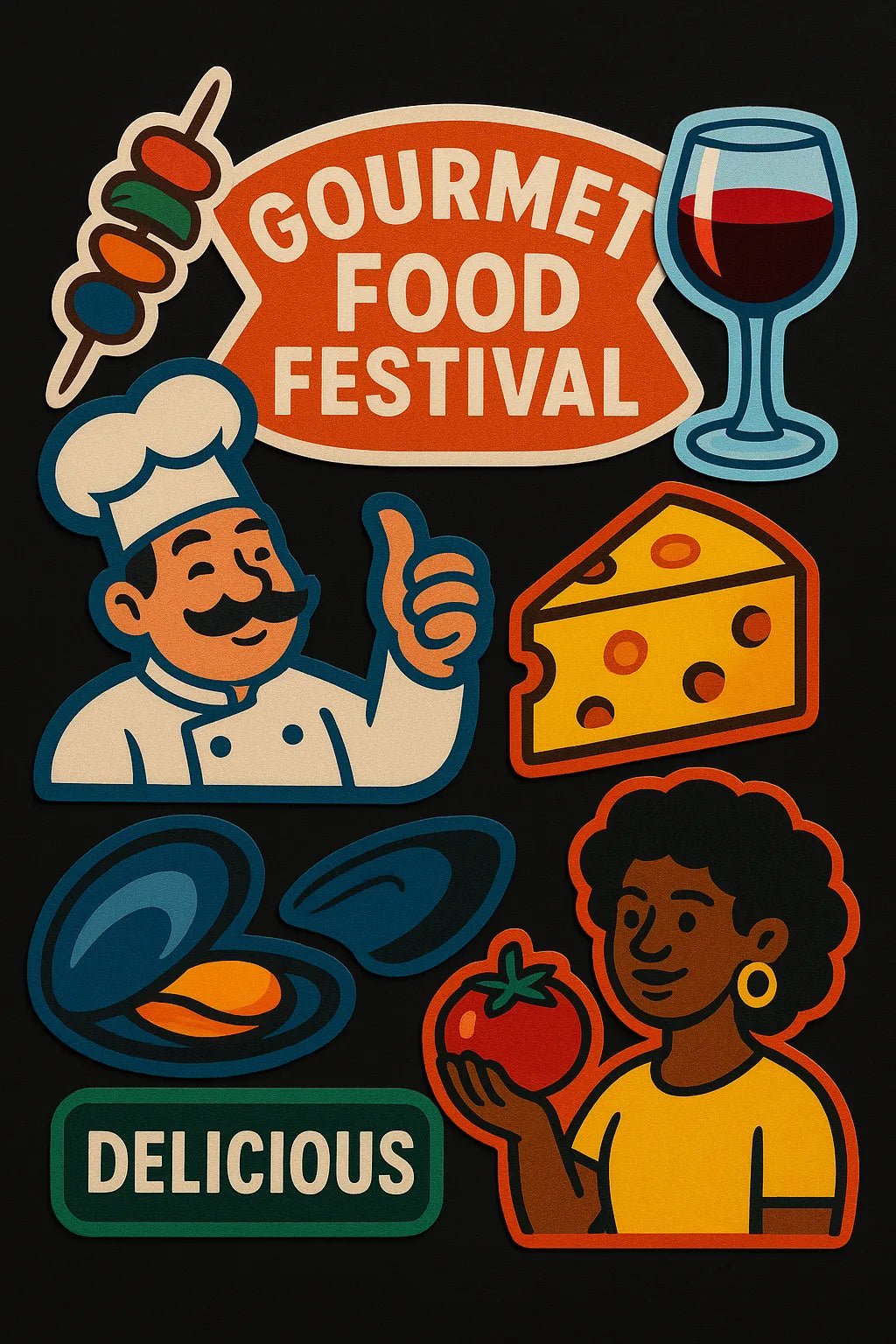 Example output from the Premium Popart Themed Stickers ChatGPT prompt: colorful sticker sheets with energetic modern designs. Gourmet Food Festival.