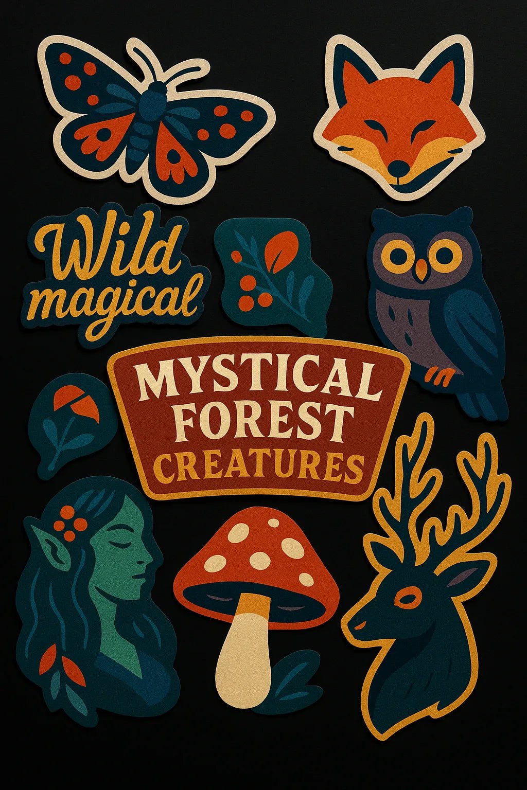 Example output from the Premium Popart Themed Stickers ChatGPT prompt: colorful sticker sheets with energetic modern designs. Mystical Forest Creatures.