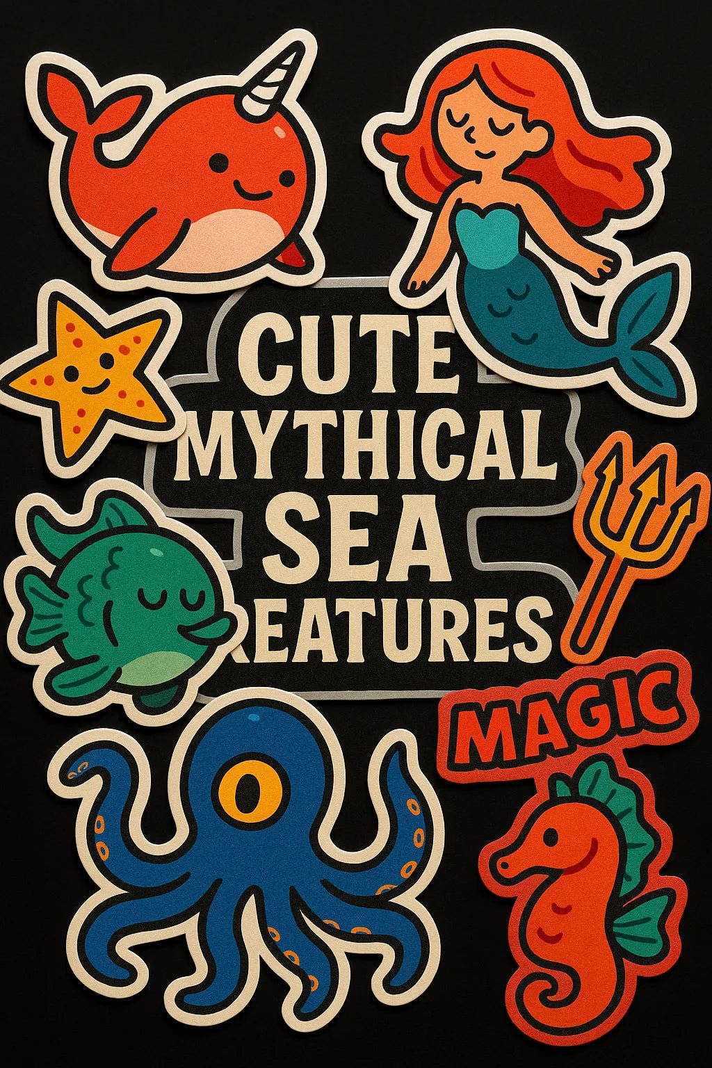Example output from the Premium Popart Themed Stickers ChatGPT prompt: colorful sticker sheets with energetic modern designs. Cute Mythical Sea Creatures.