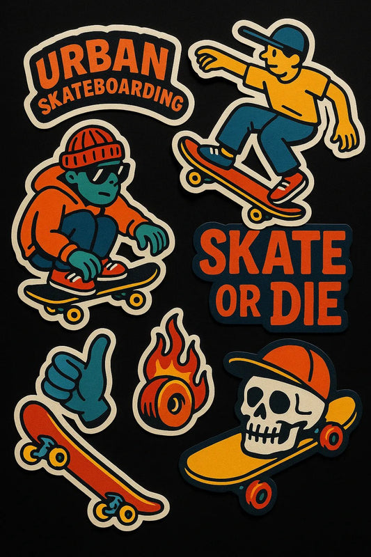 Example output from the Premium Popart Themed Stickers ChatGPT prompt: colorful sticker sheets with energetic modern designs. Urban Skateboarding.
