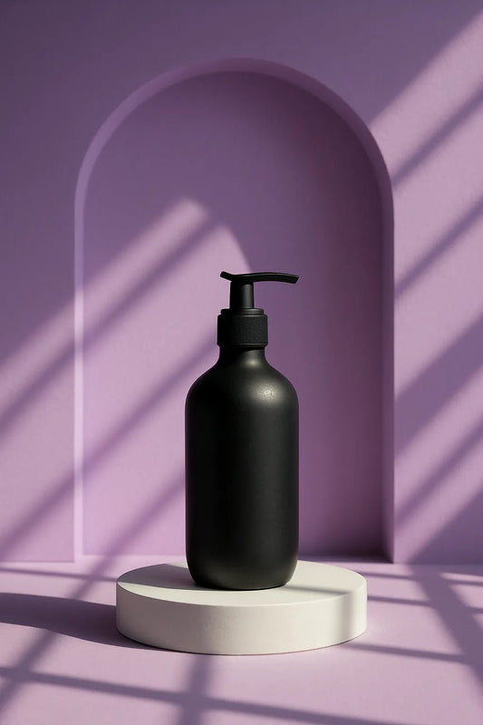 Example output from the Dual Editorial Drink Photography ChatGPT prompt: Black Lotion Bottle
