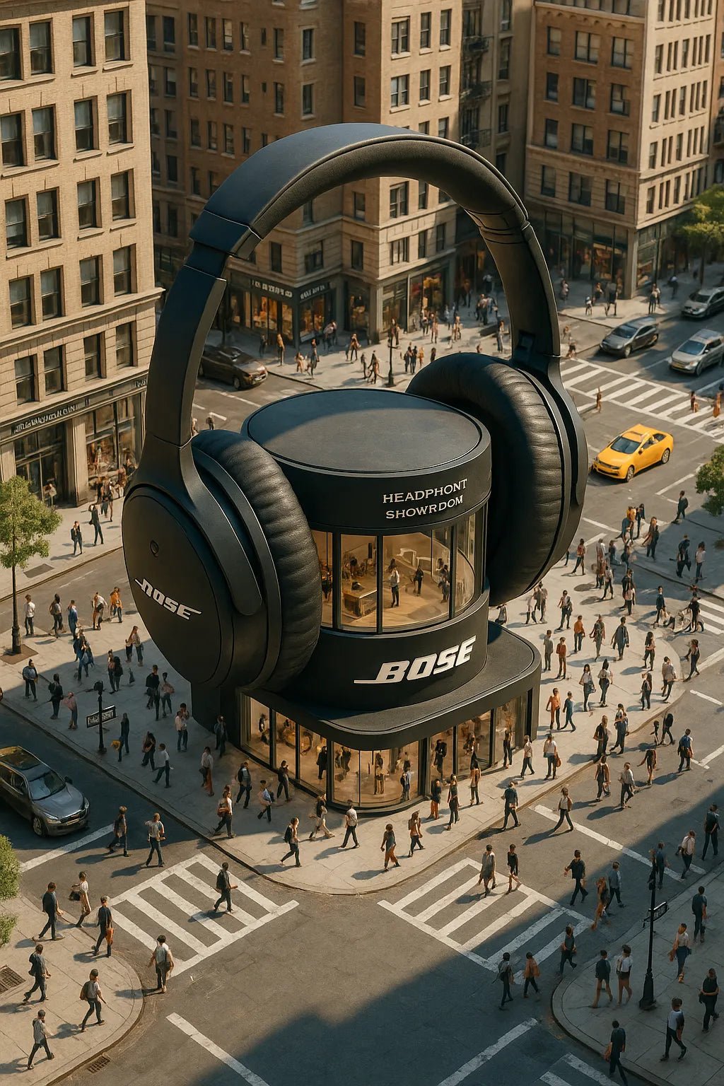 Example output of product-shaped flagship store render generated by a ChatGPT prompt template, featuring cinematic isometric architecture shaped. Bose Headphone.