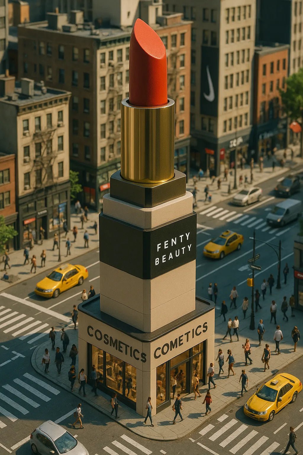 Example output of product-shaped flagship store render generated by a ChatGPT prompt template, featuring cinematic isometric architecture shaped. Fenty Beauty.