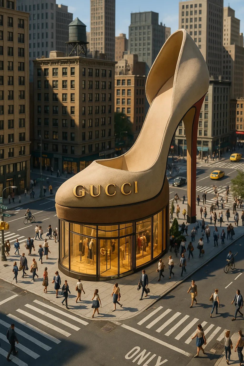 Example output of product-shaped flagship store render generated by a ChatGPT prompt template, featuring cinematic isometric architecture shaped. Heels Gucci.