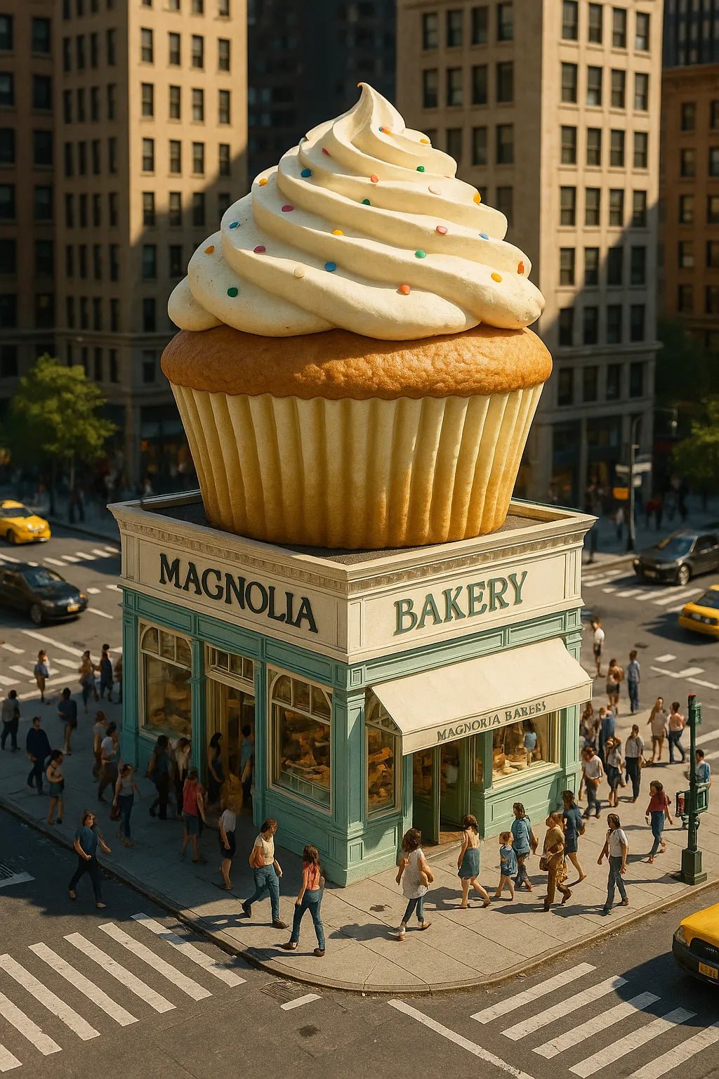 Example output of product-shaped flagship store render generated by a ChatGPT prompt template, featuring cinematic isometric architecture shaped. Magnolia Bakery.