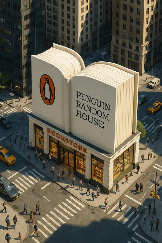 Example output of product-shaped flagship store render generated by a ChatGPT prompt template, featuring cinematic isometric architecture shaped. Penguin Book.