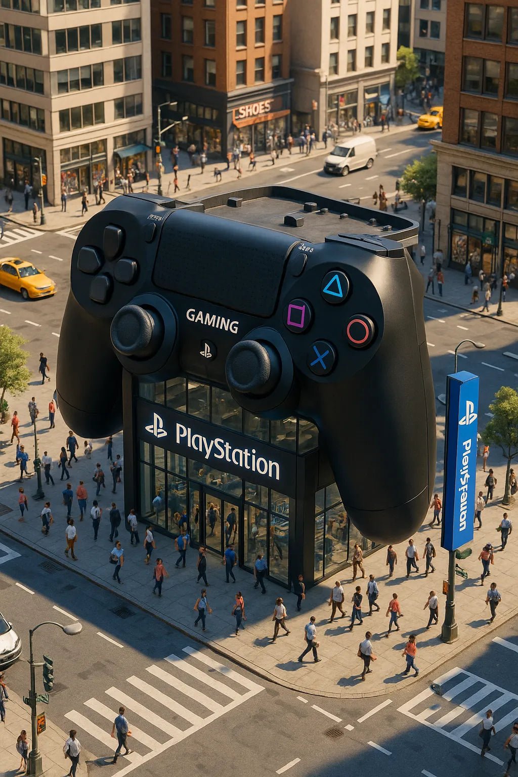 Example output of product-shaped flagship store render generated by a ChatGPT prompt template, featuring cinematic isometric architecture shaped. Playstation.