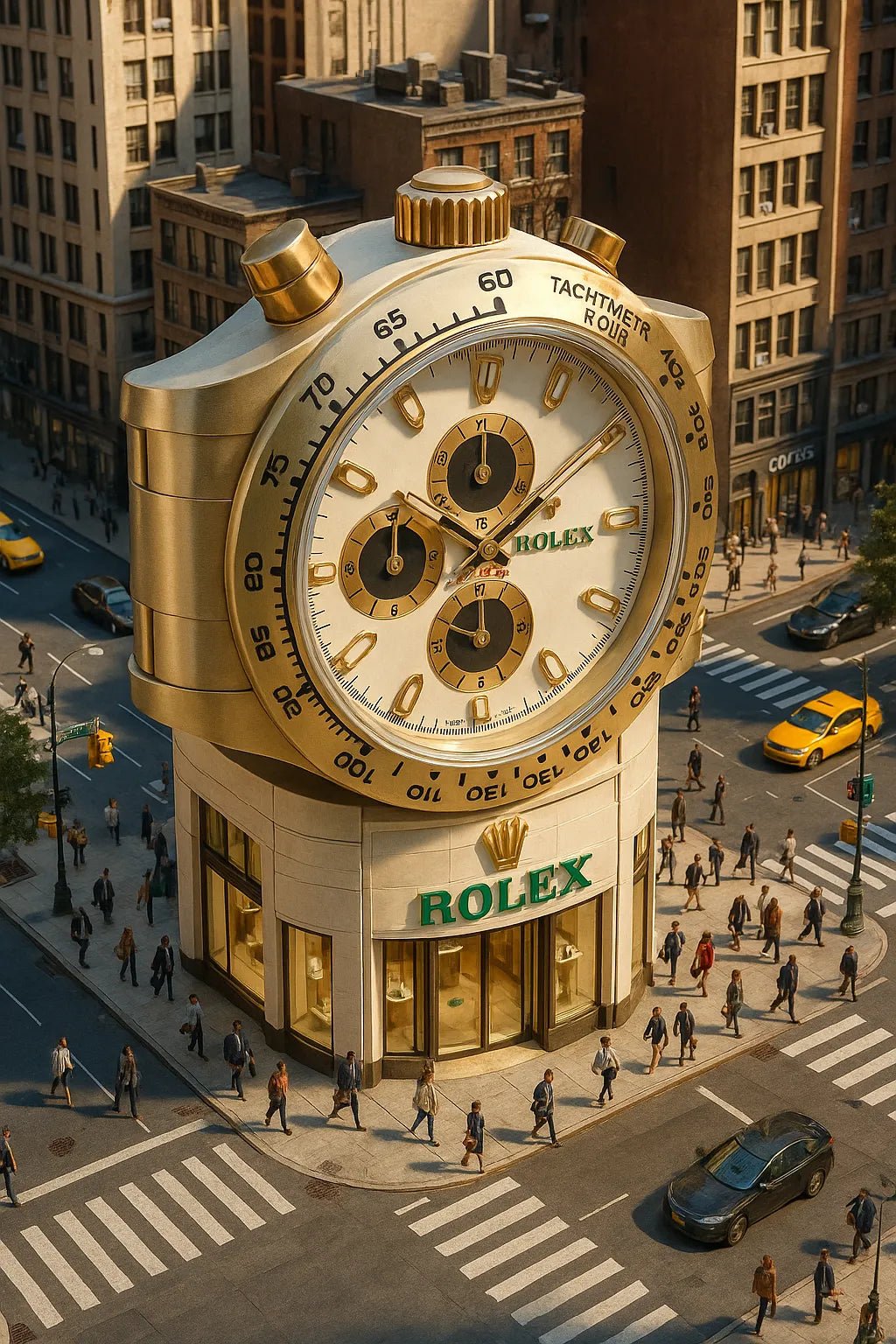 Example output of product-shaped flagship store render generated by a ChatGPT prompt template, featuring cinematic isometric architecture shaped. Rolex Watch.