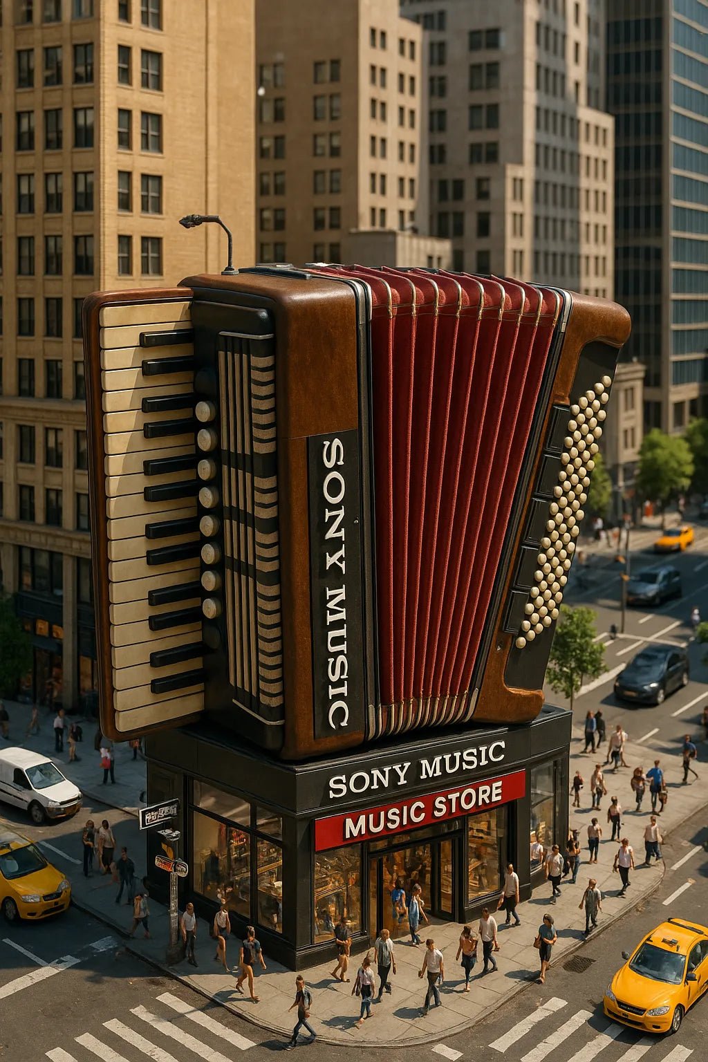 Example output of product-shaped flagship store render generated by a ChatGPT prompt template, featuring cinematic isometric architecture shaped. Sony Music.