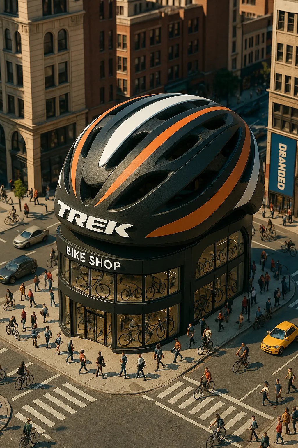 Example output of product-shaped flagship store render generated by a ChatGPT prompt template, featuring cinematic isometric architecture shaped. Trek Bike Shop.