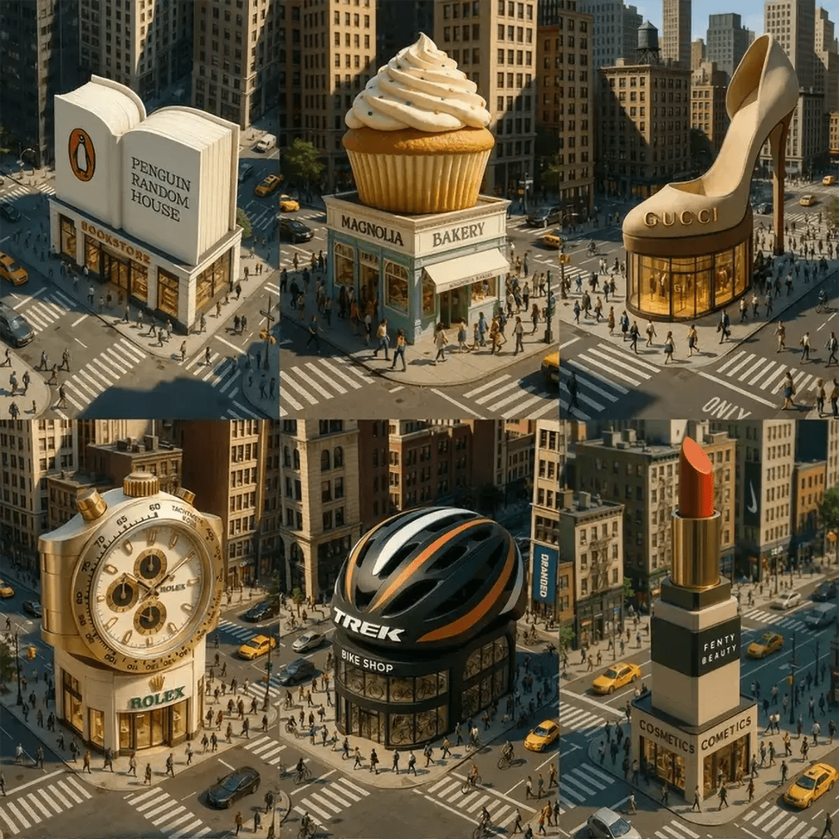 Example output of product-shaped flagship store renders generated by a ChatGPT prompt template, featuring cinematic isometric architecture shaped like various products, daylight-lit urban context, realistic textures, and natural human activity.