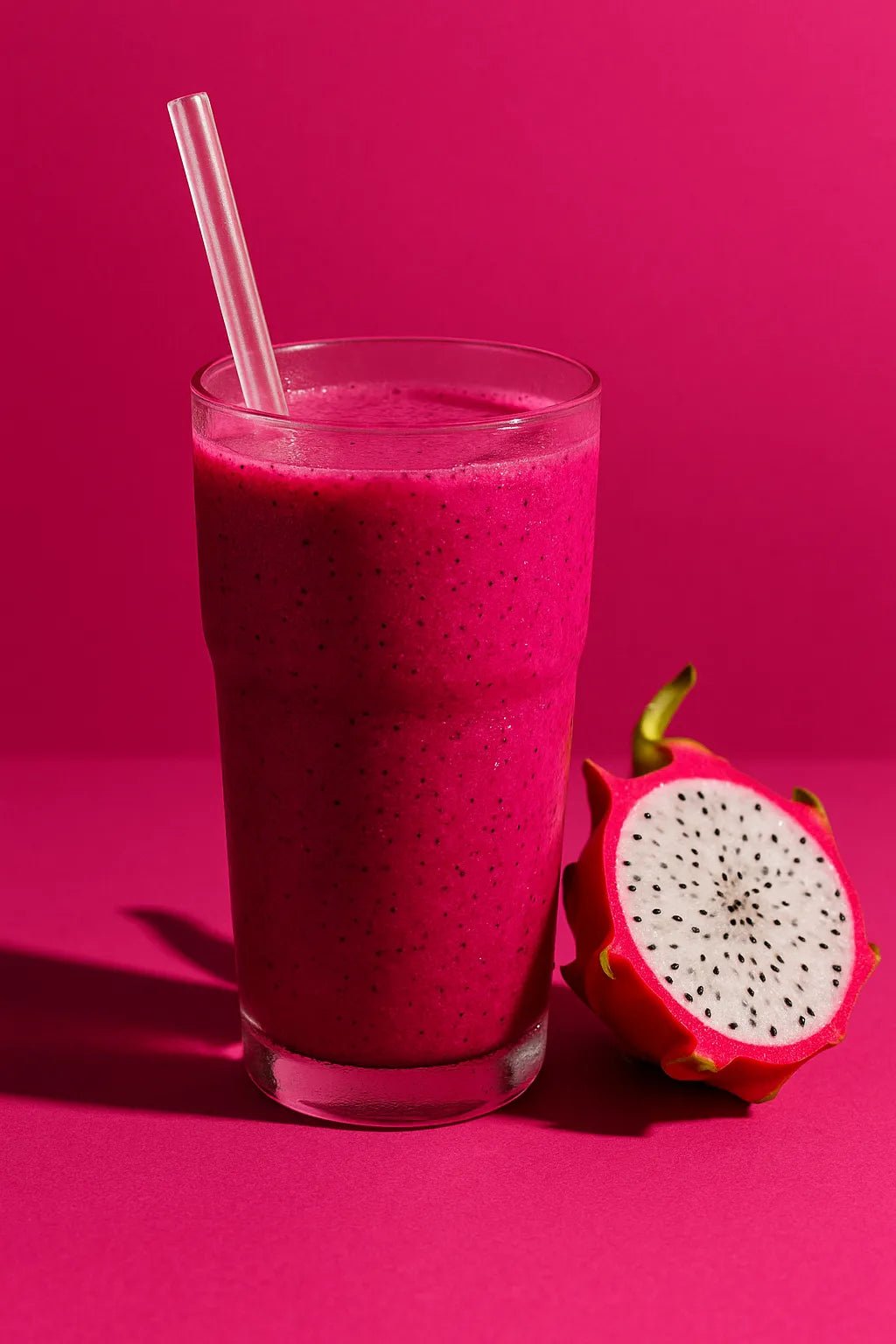 Example output of professional drink studio shot generated by a ChatGPT prompt template, showcasing a Dragon Fruit Smoothie.