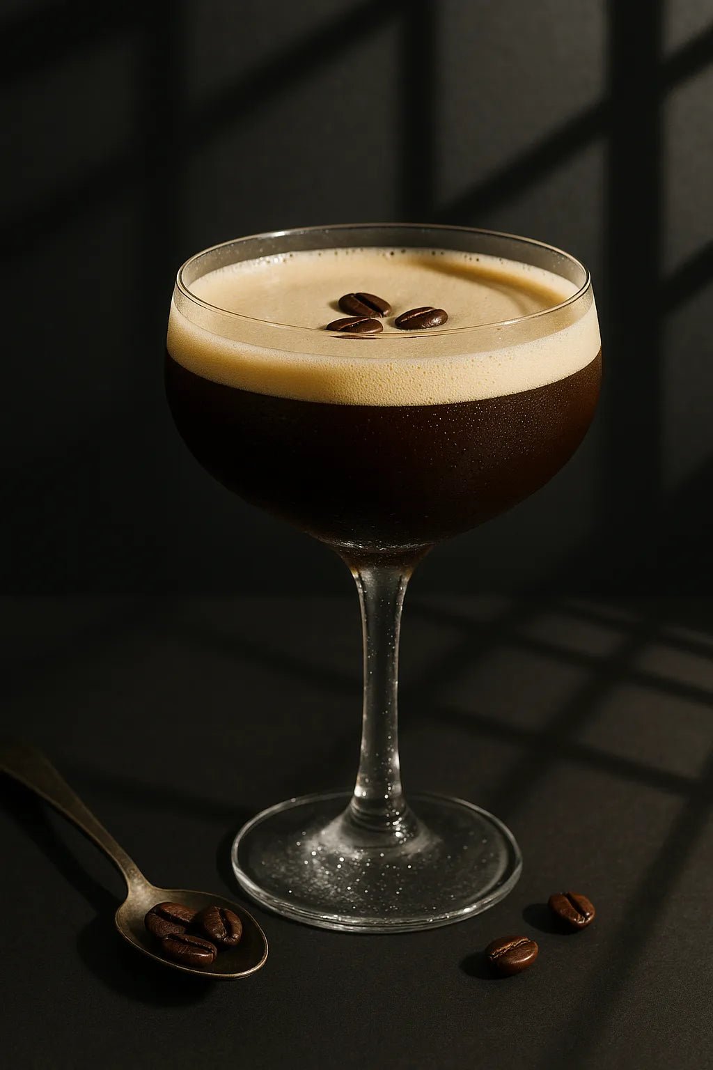 Example output of professional drink studio shot generated by a ChatGPT prompt template, showcasing a Expresso Martini.