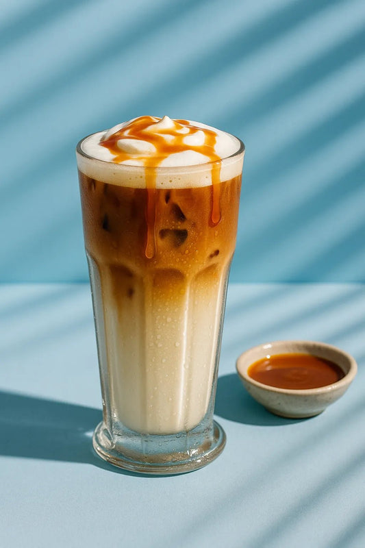 Example output of professional drink studio shot generated by a ChatGPT prompt template, showcasing a Caramel Macchiato.