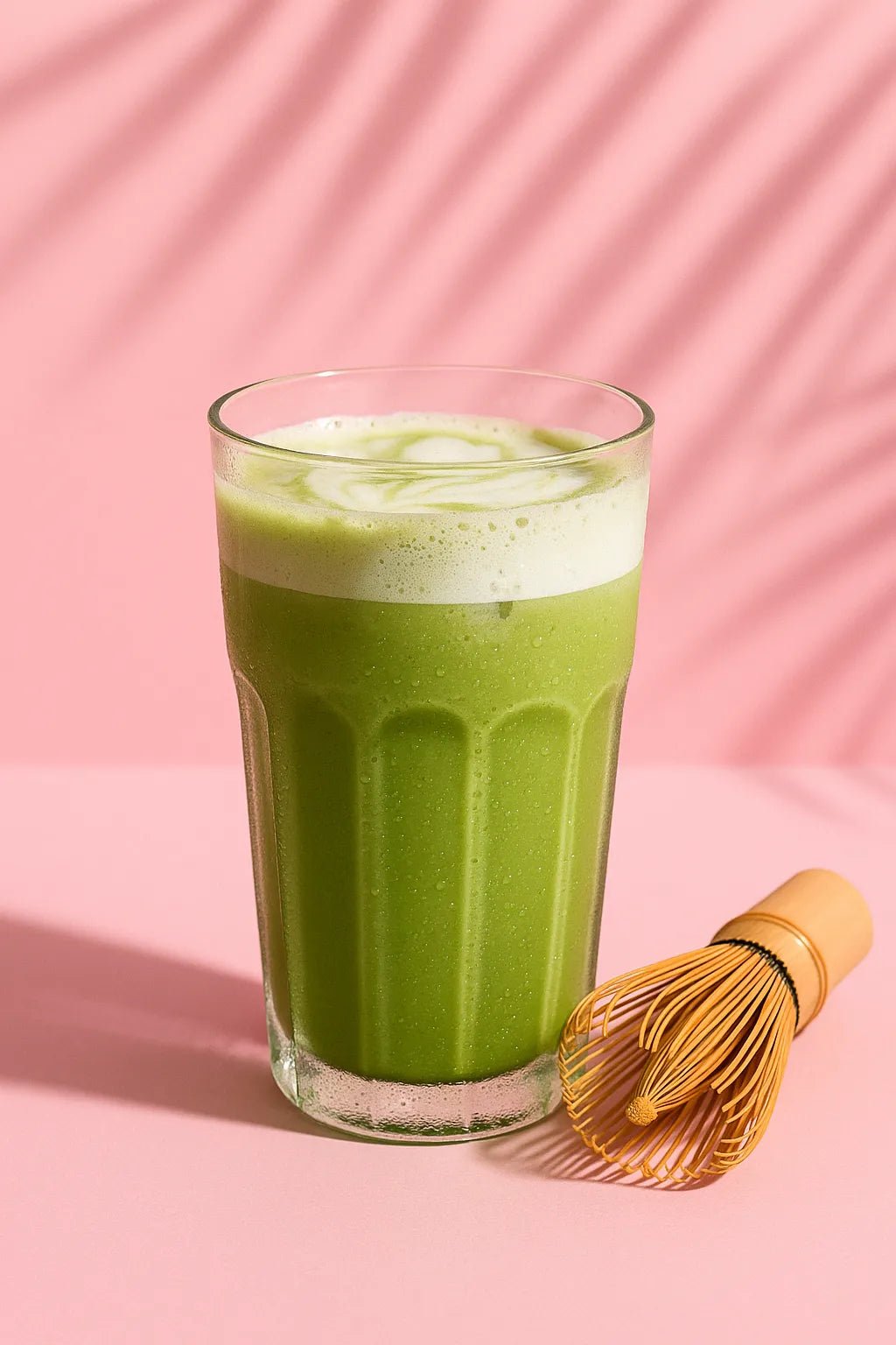Example output of professional drink studio shot generated by a ChatGPT prompt template, showcasing a Matcha Latte.