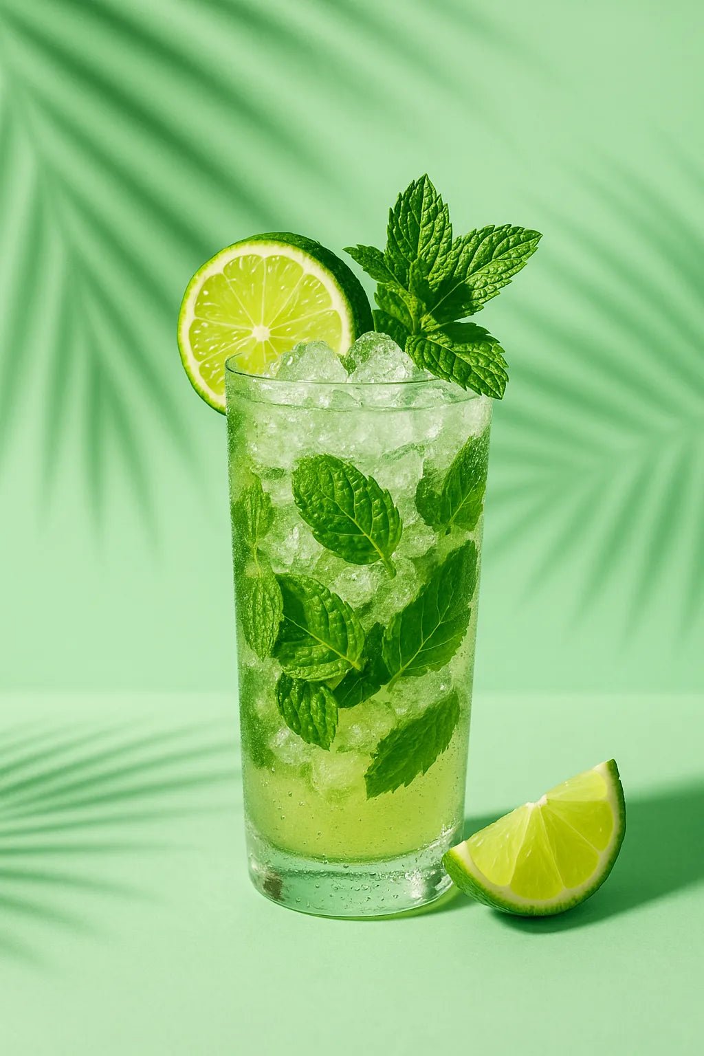 Example output of professional drink studio shot generated by a ChatGPT prompt template, showcasing a Mojito.