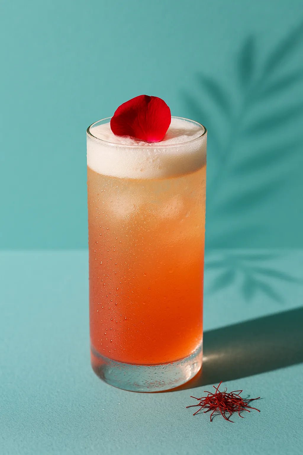 Example output of professional drink studio shot generated by a ChatGPT prompt template, showcasing a Saffron Rose Gin Fizz.