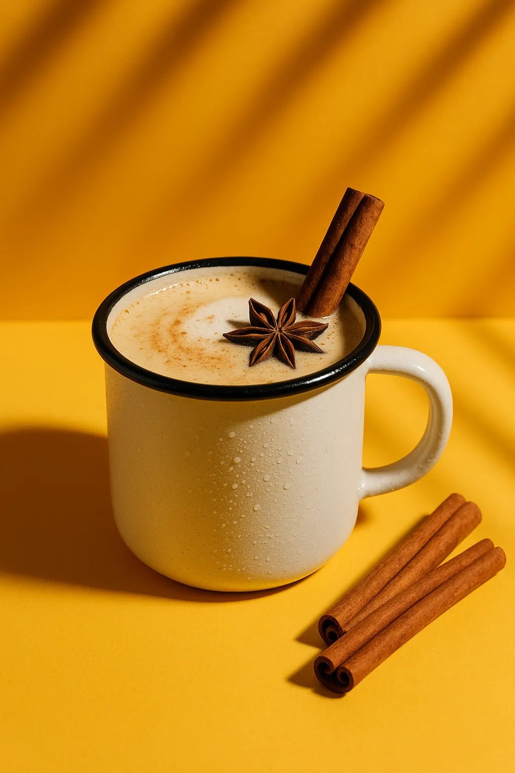 Example output of professional drink studio shot generated by a ChatGPT prompt template, showcasing a Spiced Chai Latte.