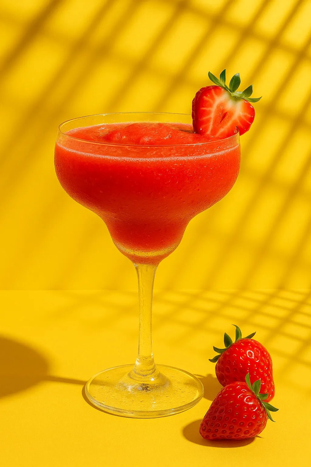 Example output of professional drink studio shot generated by a ChatGPT prompt template, showcasing a Strawberry Daiquiri.