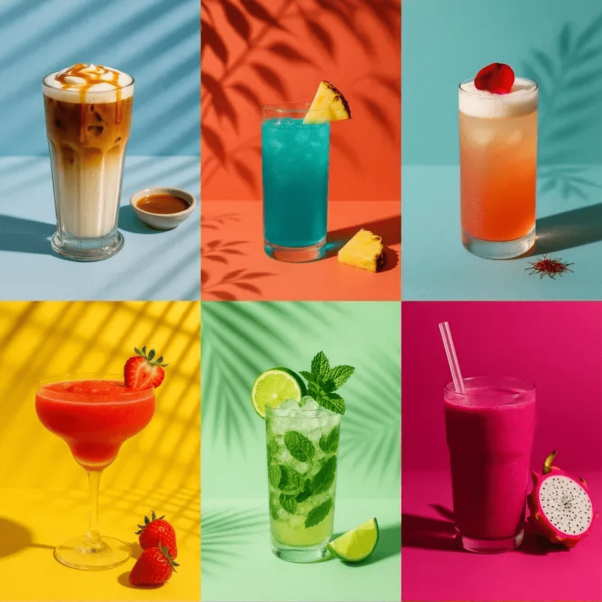 Example output of professional drink studio shots generated by a ChatGPT prompt template, showcasing an iced latte with caramel drizzle, a bright blue pineapple cocktail, a saffron-topped rose petal fizz, a vibrant strawberry daiquiri, a mint mojito with lime garnish, and a dragon fruit smoothie.