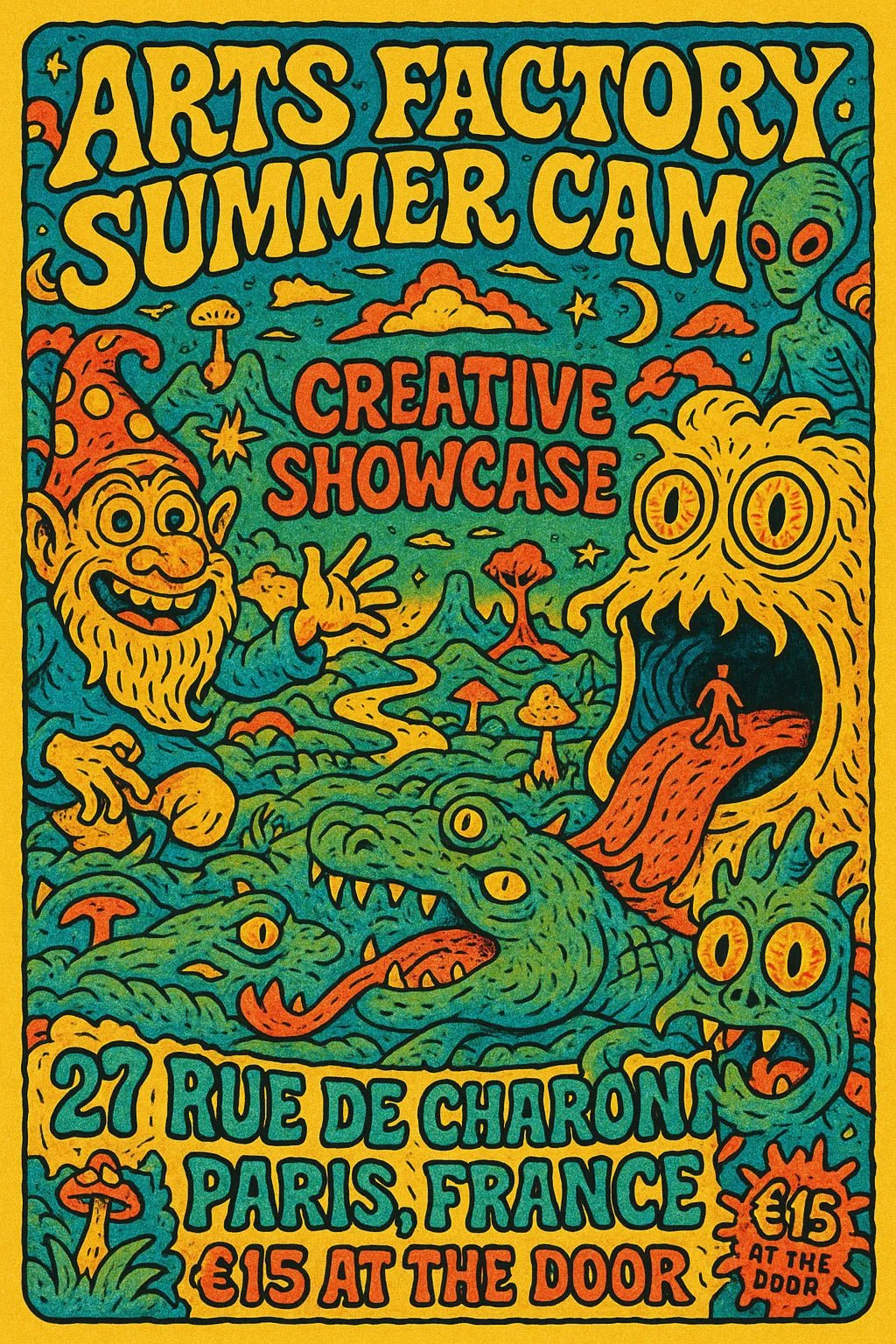 Example output from the Psychedelic Event Posters For Any Event ChatGPT prompt: colorful, hand-drawn concert and festival posters with fantasy characters, comic-style details, and surreal scenes in vibrant tetradic palettes. Arts Factory Summer cam.